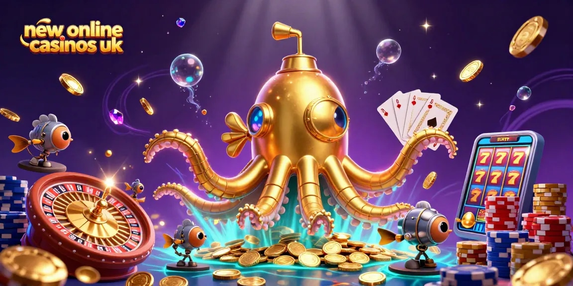 Experience new online casinos UK with an extravagant 3D golden kraken amidst coins and games.