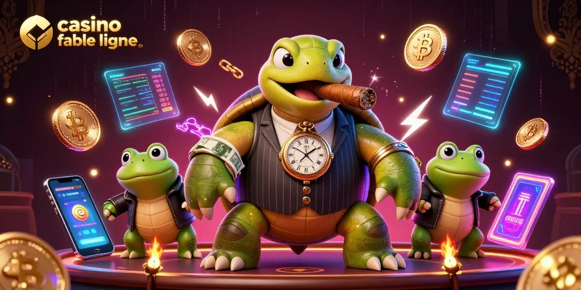 Visitez le casino fiable en ligne avec une illustration d'une tortue géante en costume et des grenouilles en uniforme.