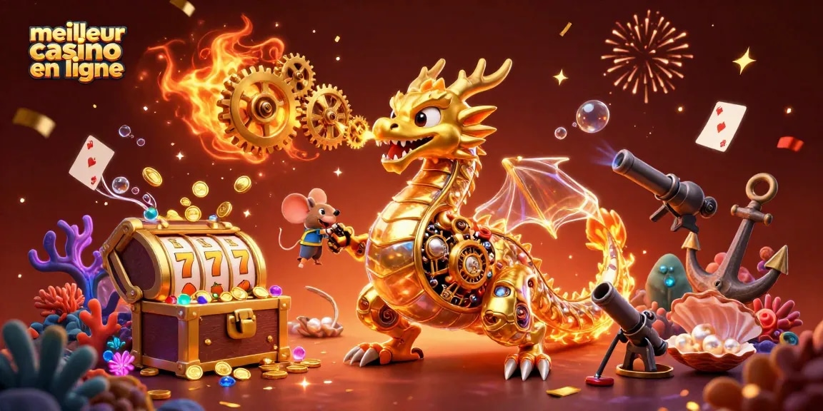 Illustration captivante du meilleur casino en ligne avec un dragon doré, des machines à sous, et des joyaux.