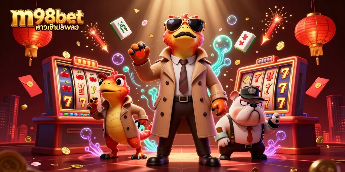 Experience the thrill of m98bet ทางเข้ามือถือ with cartoon raptors and vibrant casino elements.