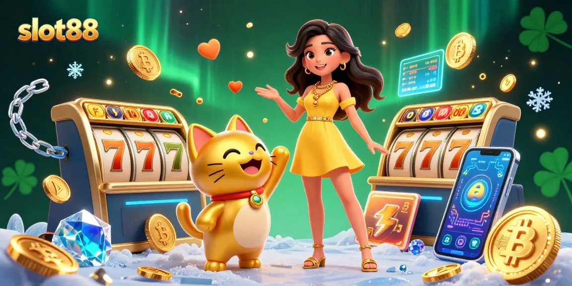 Experience the thrill of slot88 with a beautiful woman and a lucky cat among vibrant casino elements.