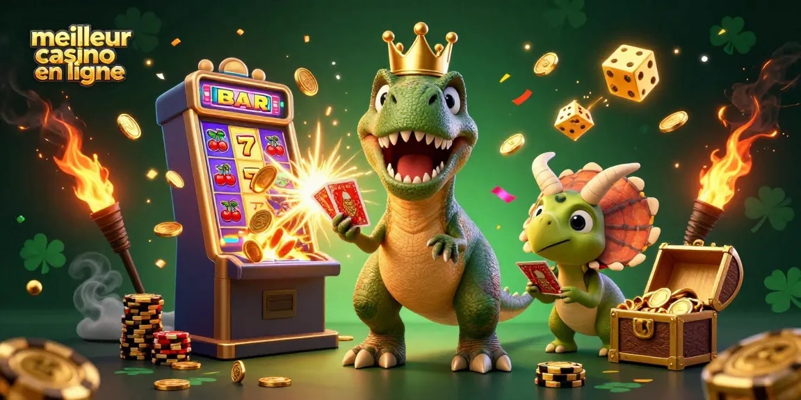 Image dynamique montrant le meilleur casino en ligne avec un T-Rex jouant aux cartes entouré de machines à sous et de jetons dorés.