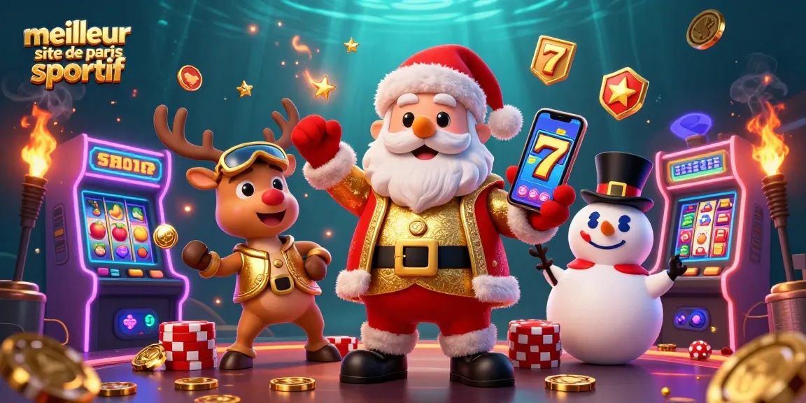 Illustrez le meilleur site de paris sportif avec un Santa ludique, des machines à sous et des jeux colorés.