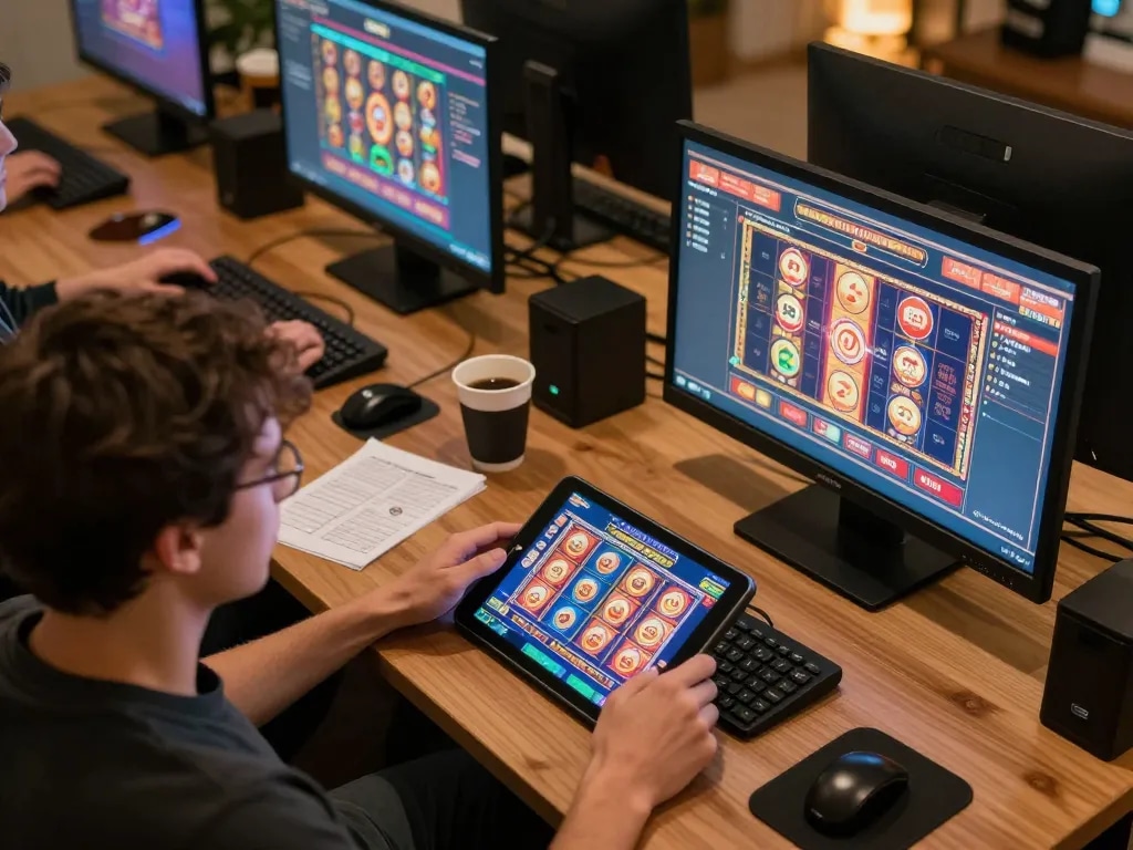 Engaging online gaming session featuring เว็บตรงสล็อต interface on tablet and strategic notes for responsible betting