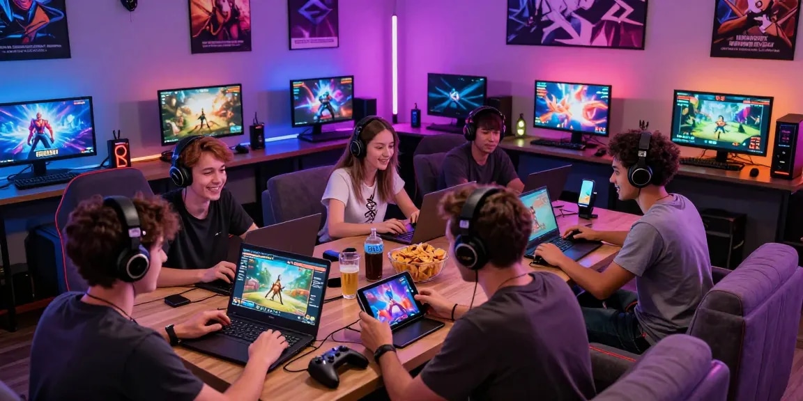 Engaged gamers playing free porn games on various devices in a lively gaming lounge.