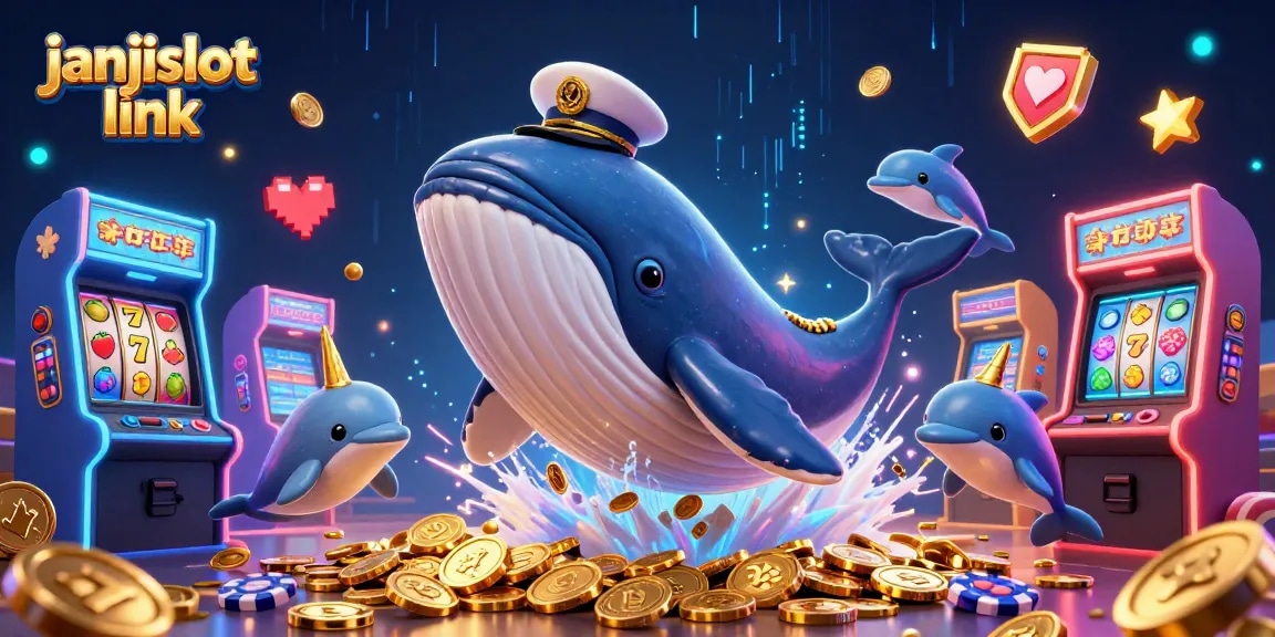 Experience fun with janjislot link as a whale, narwhal, and dolphins engage in playful gaming antics surrounded by vibrant casino elements.