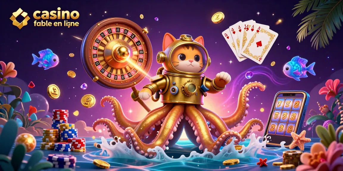 Illustration captivante de casino fiable en ligne avec un kraken doré et des poissons bioluminescents.