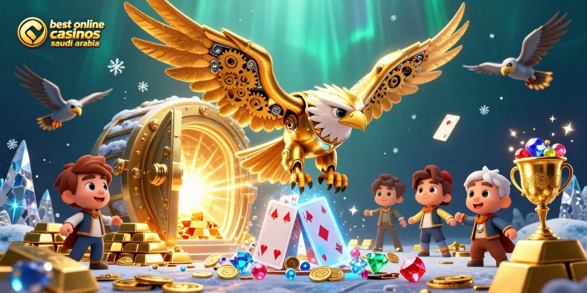 Experience the excitement of the best online casinos Saudi Arabia with a vibrant 3D illustration of a golden eagle.