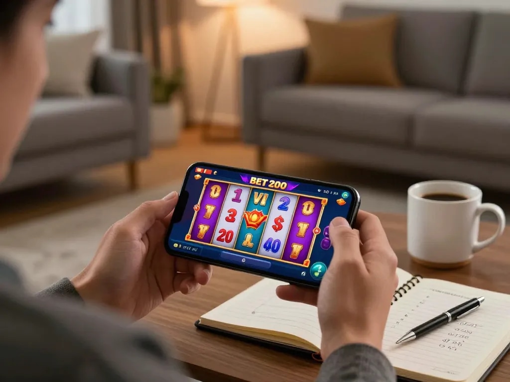 Engaging in situs slot bet 200 gameplay on smartphone in a cozy living room setting.
