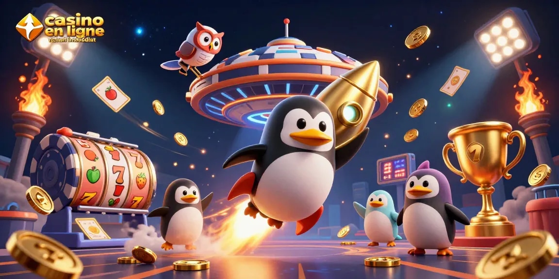 Une illustration 3D dynamique montrant un pingouin doré propulsé en fusée voyageant vers un casino en ligne retrait immédiat. Des éléments de jeux de machines à sous l'entourent.