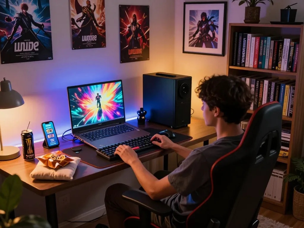 Engaging player enjoying porn games online in a cozy gaming setup with vibrant visuals and snacks.