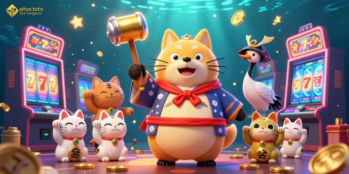 Experience the excitement of situs toto slot tergacor with a joyful tanuki and fortune cats in a vibrant casino setting.
