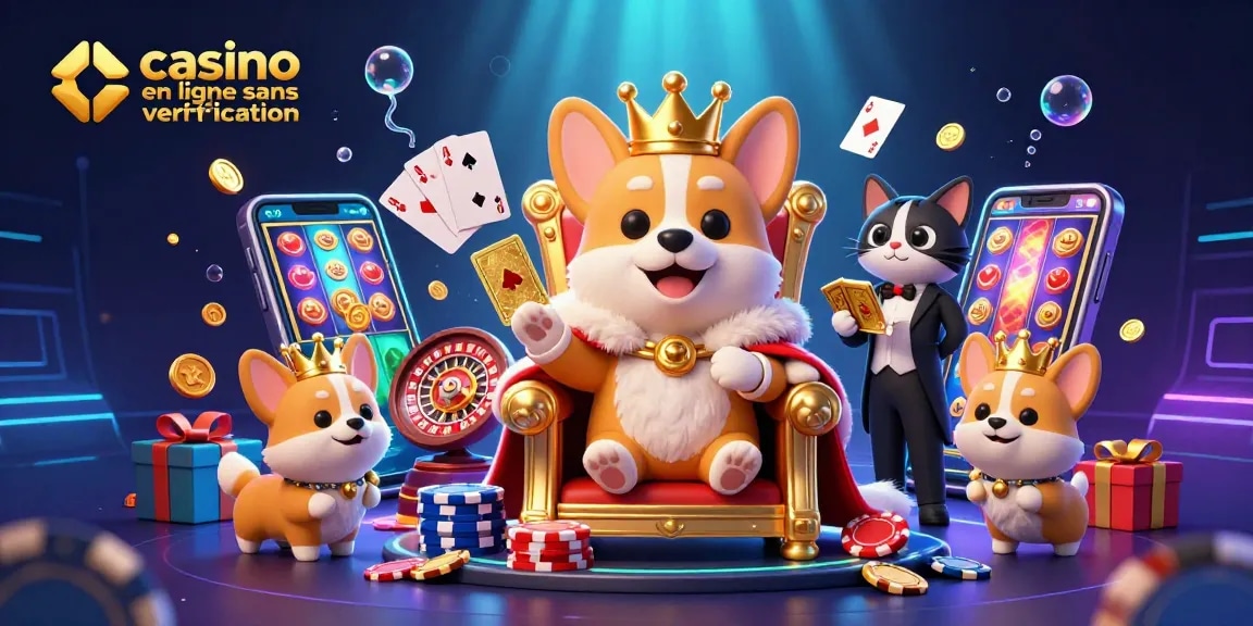 Vivez une expérience de jeu palpitante au casino en ligne sans vérification avec des éléments colorés comme des cartes en or et des jetons de poker.