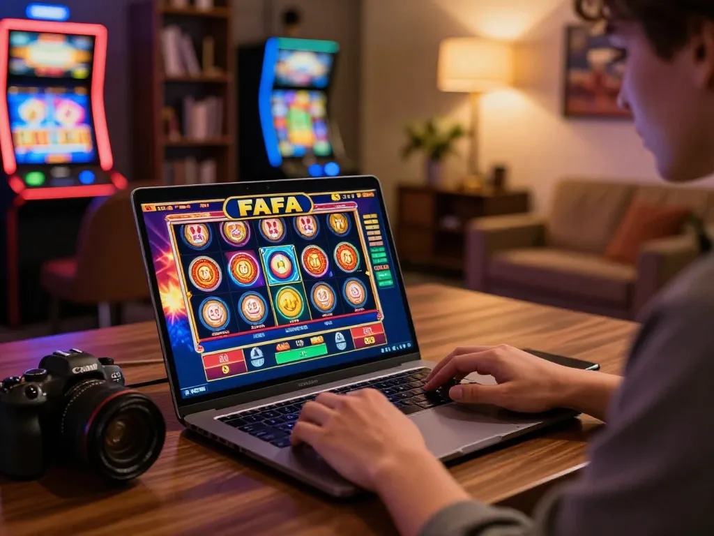 Engaging in FAFA 828 mobile slots at home, showcasing vibrant gaming atmosphere and responsible play.