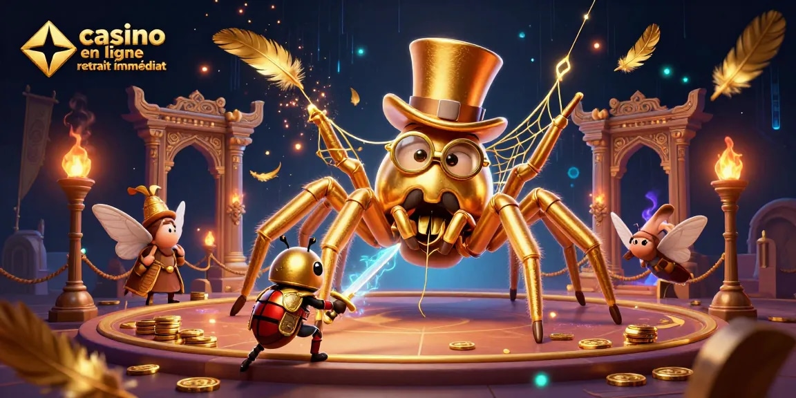 Jouez au casino en ligne retrait immédiat avec une illustration 3D captivante d'une araignée géante en or et d'un chevalier.