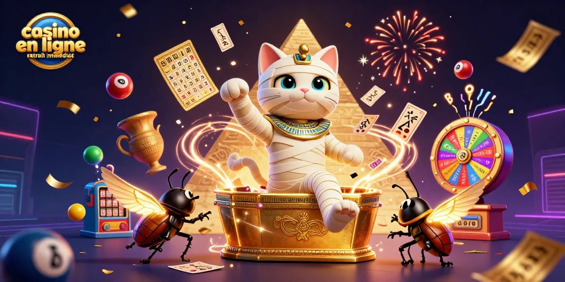 Vivez l'excitation avec le jeu de casino en ligne retrait immédiat, illustré par le chat momie égyptien et des éléments de loterie.