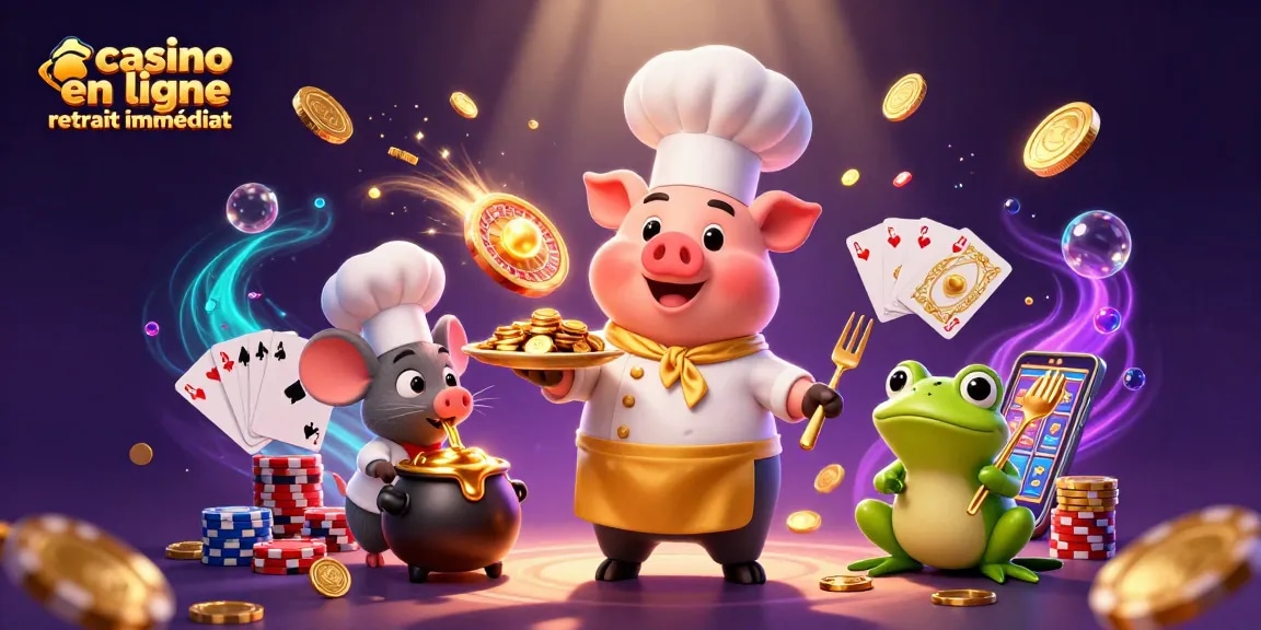 Profitez d'une scène animée de casino en ligne retrait immédiat avec des personnages colorés et de riches éléments de jeu.
