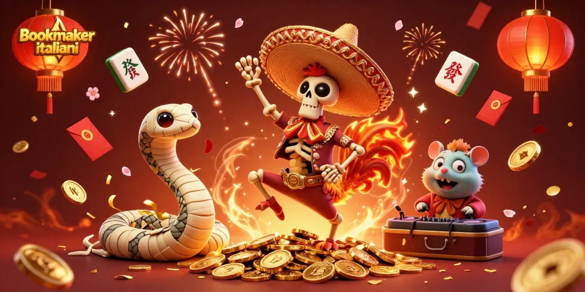 Bookmaker italiani offre scommesse vincenti con un'atmosfera festosa e dettagli dorati, tra cui monete e fuochi d'artificio.