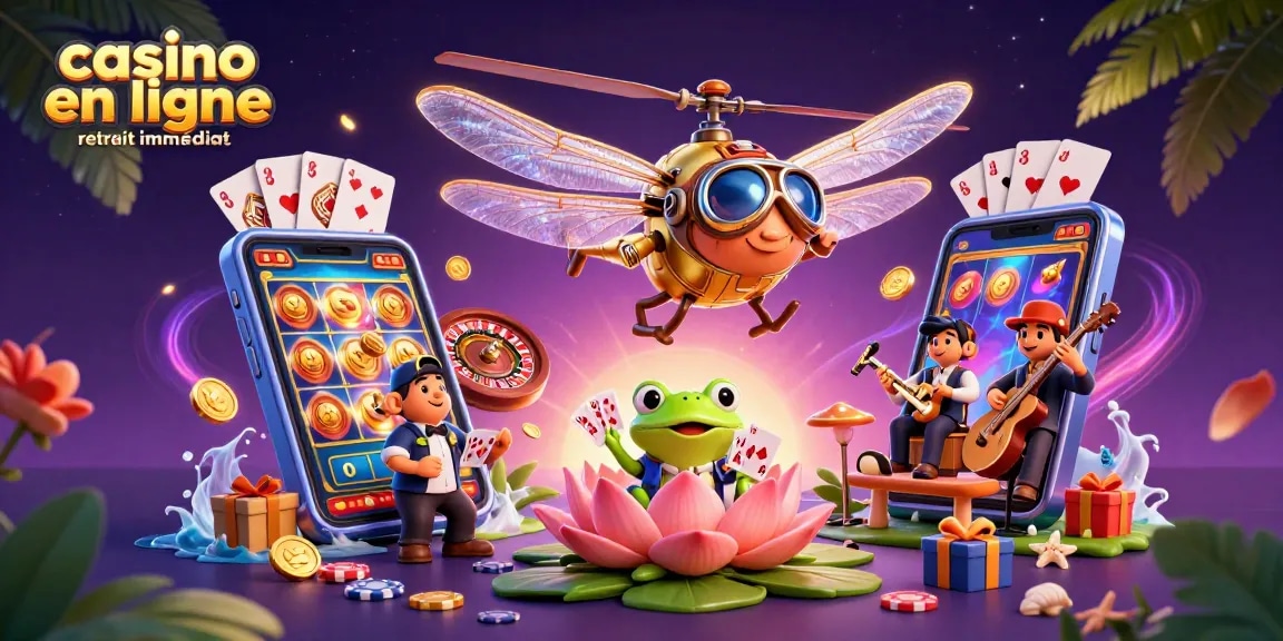 Illustration colorée d'un casino en ligne retrait immédiat avec un pilote libellule et un croupier grenouille.