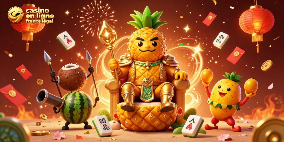 Illustrez le casino en ligne France légal avec un roi ananas et des gardes en bois;