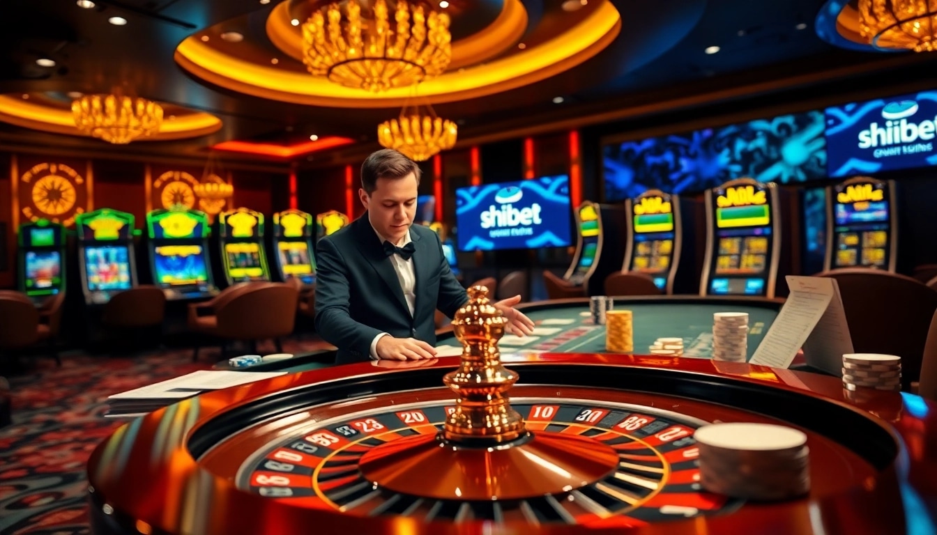 shbet logo displayed prominently in a luxurious casino environment with a game table and roulette wheel.