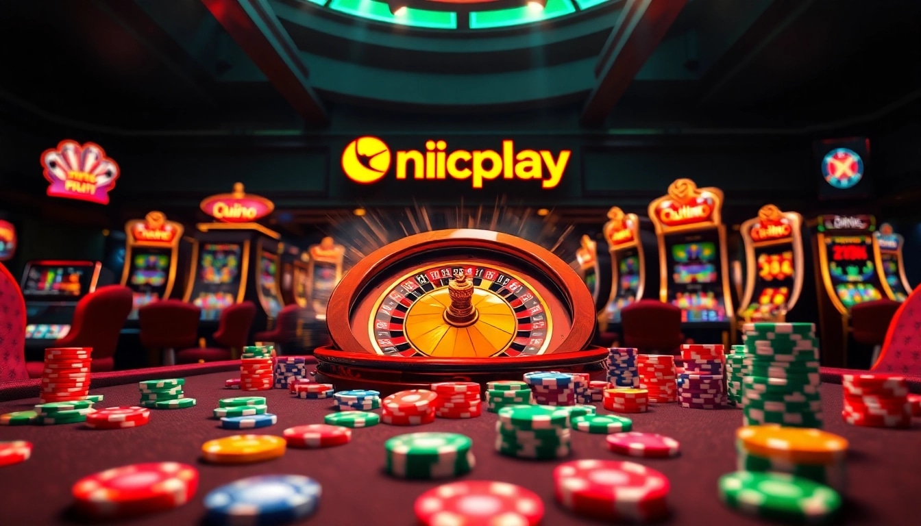 Experience the thrill of Onicplay with vibrant visuals of slot machines and roulette wheels.