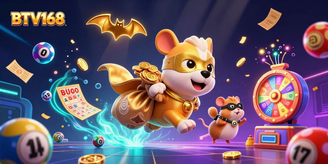 BTV168 features a superhero dog and sidekick in an energetic casino-themed adventure, surrounded by vibrant gambling elements.