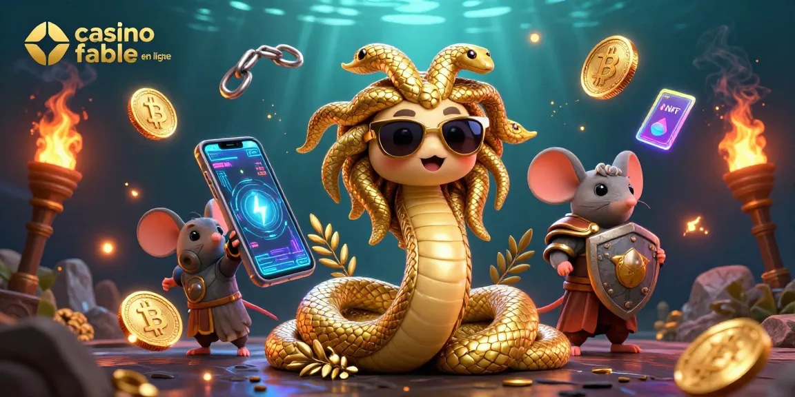 Revivez l'excitation des jeux avec le casino fiable en ligne, Méduse et un guerrier décoratif entourés de crypto-monnaies.