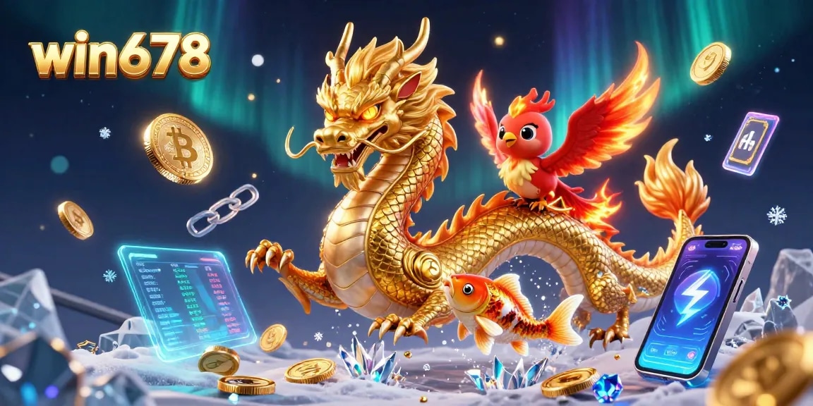 Win678 offers thrilling gambling experiences with golden dragon, koi fish, and crypto elements.