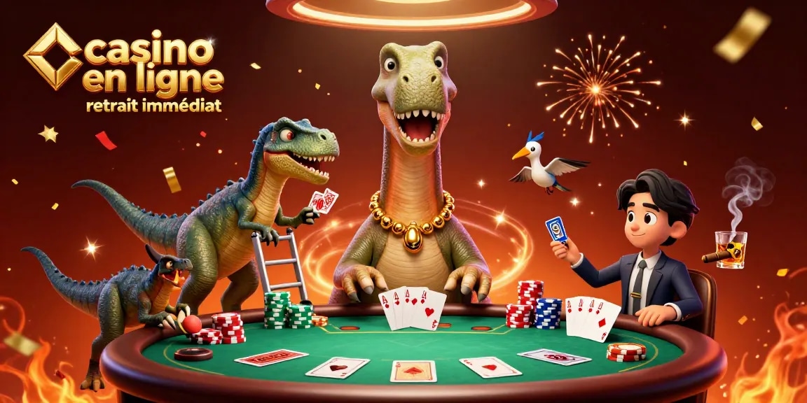 Retrait immédiat au casino en ligne avec un brontosaure et un raptor dealer aux cartes.
