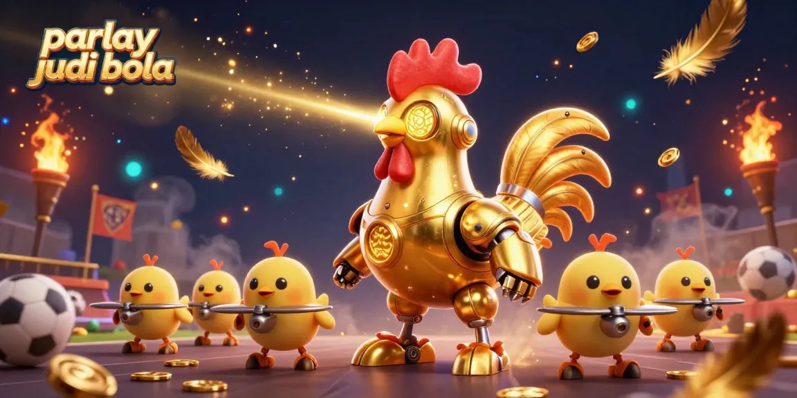 Engage in parlay judi bola with a dynamic scene featuring a golden rooster robot and baby chicks amid sports betting elements.