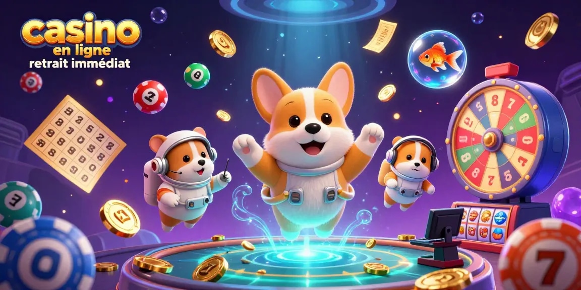 Plongez dans l'univers du casino en ligne retrait immédiat avec un corgi astronaute et des éléments de jeu flottants.