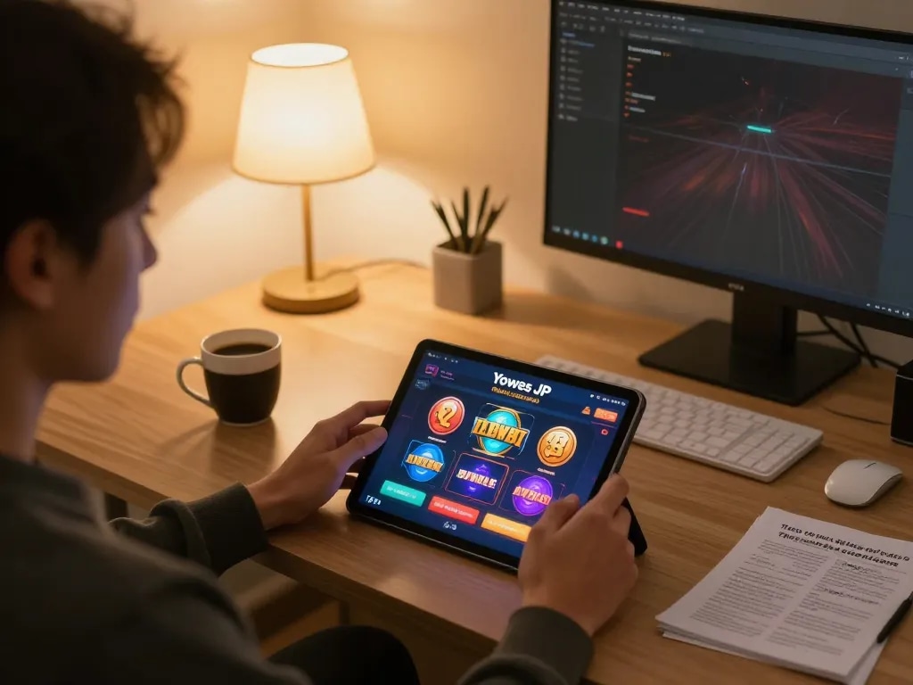 Engaging player using Yowes JP online casino app in cozy home setup with betting strategies