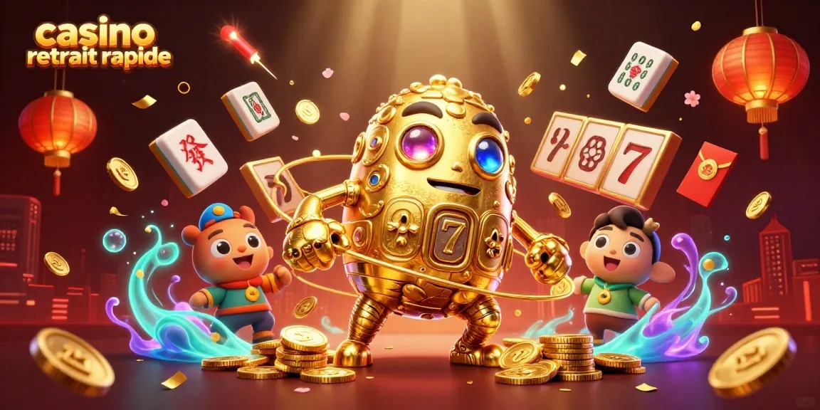 Profitez d'un casino retrait rapide avec un golem en or et des symboles de machine à sous, dans un décor animé.