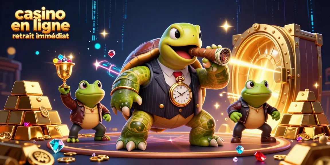 Jouer dans un casino en ligne retrait immédiat avec une tortue mobster entourée de grenouilles et de richesses.
