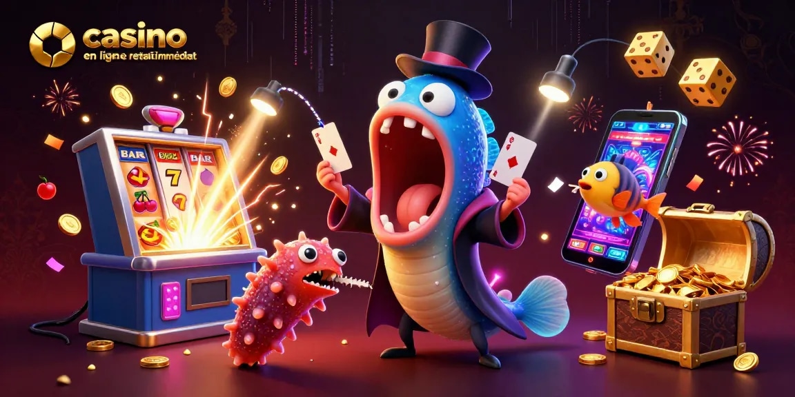 Casino en ligne retrait immédiat: illustration d'un casino avec un poisson en cape de magicien et des machines à sous.