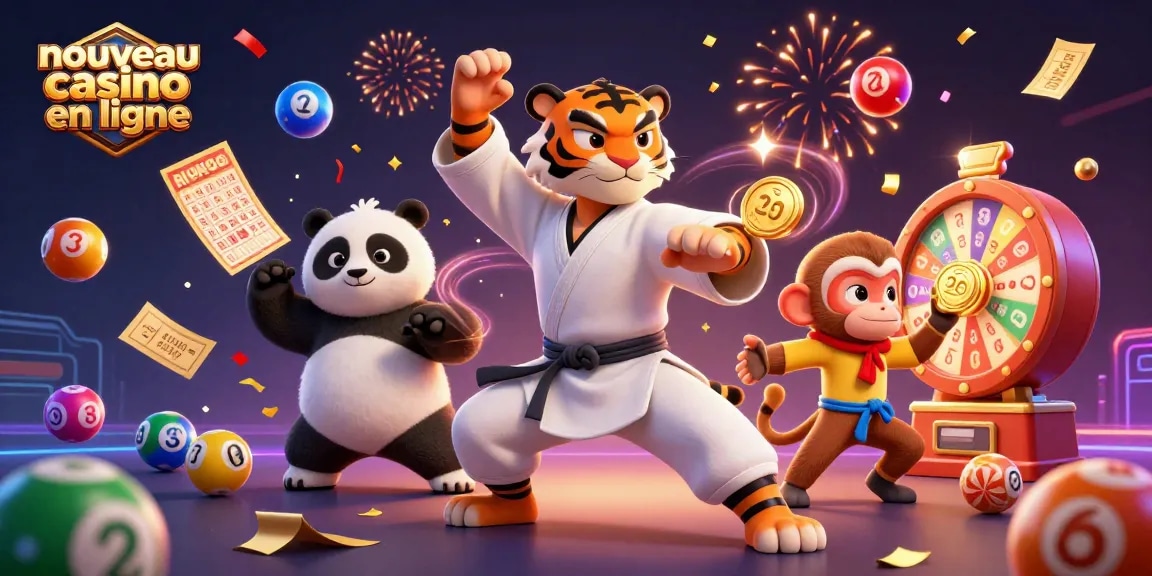 Illustration de nouveau casino en ligne avec un tigre maître de kung-fu et un panda, de nombreux éléments de jeu autour d'eux.