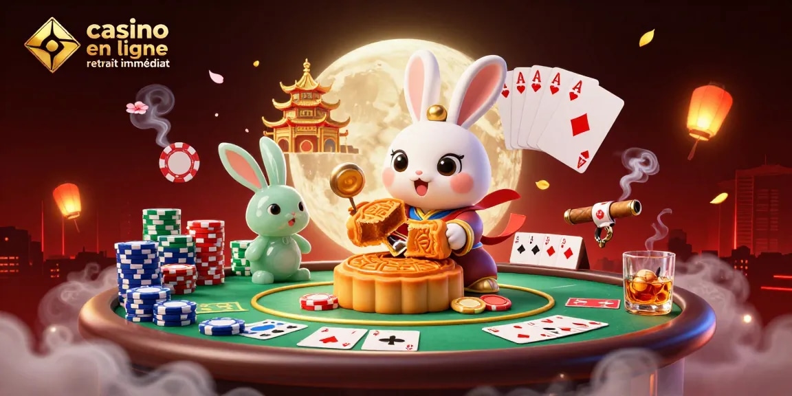 Illustration de casino en ligne retrait immédiat avec un lapin de lune et des éléments de jeu captivants