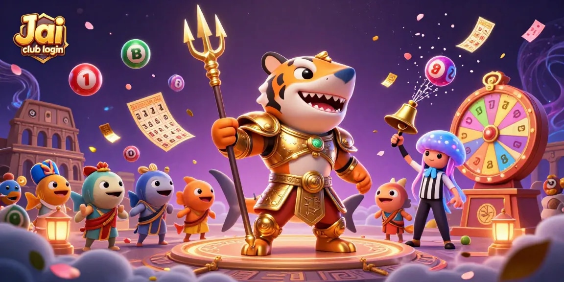Engage with Jai club login for exciting underwater gaming featuring a golden shark gladiator and vibrant lottery elements.
