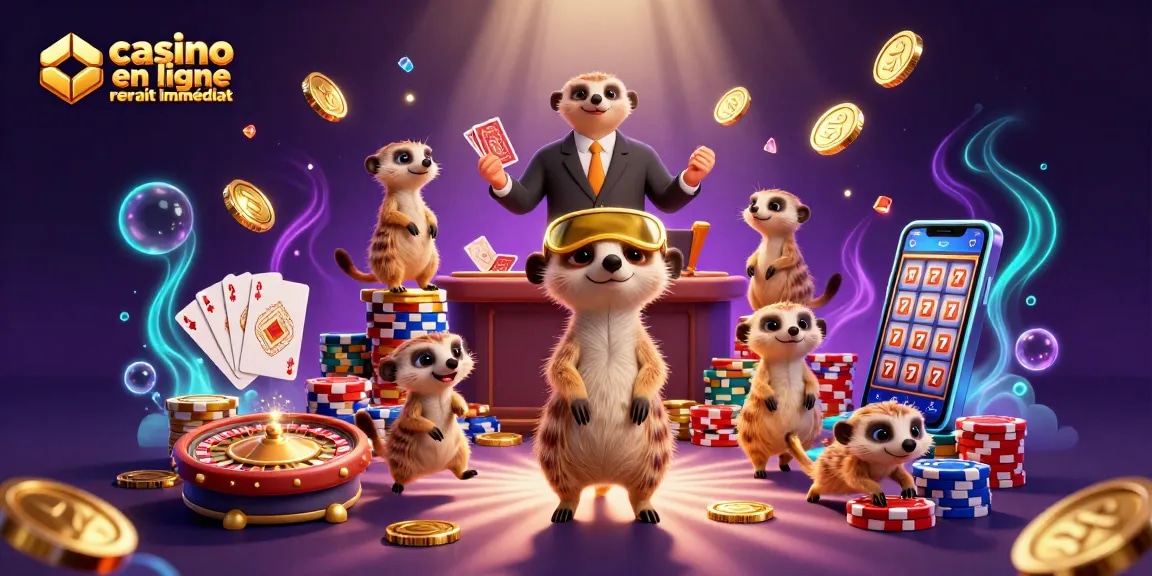 Illustration dynamique de meerkats maniant un casino en ligne retrait immédiat avec des éléments de jeu éblouissants.