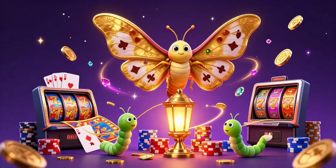 Experience bitcoin jackpot slots with a 3D illustration showcasing an atlas moth and casino elements spinning towards massive wins.