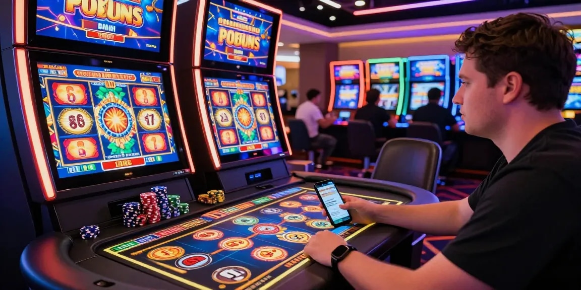 Player enjoying bonus buy slots at a vibrant online casino, surrounded by colorful screens and chips.