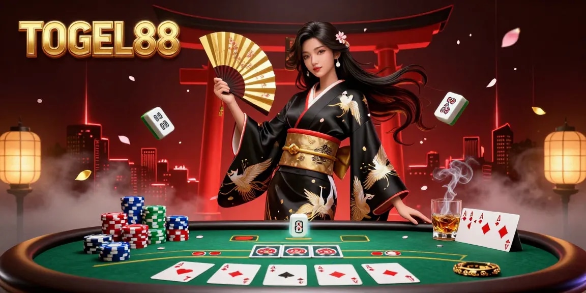 Engage with TOGEL88 in a vibrant 3D scene featuring a stylish Asian woman among dynamic casino elements.