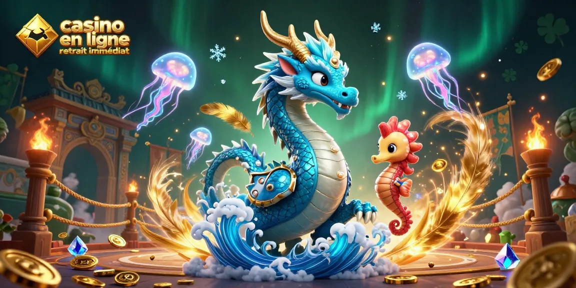 Le casino en ligne retrait immédiat propose une illustration dynamique d'un dragon azur et un chevalier hippocampe avec des éléments de jeu en arrière-plan.