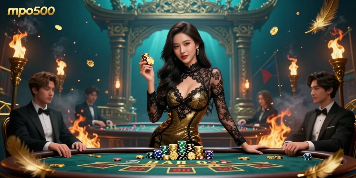 Bet at mpo500 with a stunning Asian woman at a VIP baccarat table, showcasing luxury and high-stakes action.