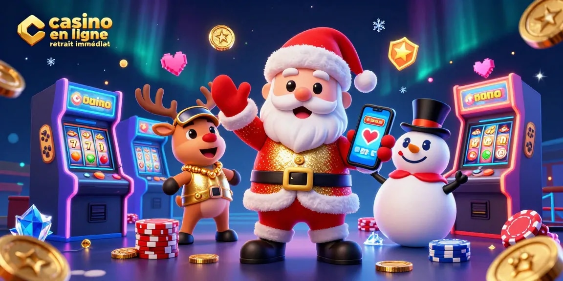 Illustration festive de Santa Claus jouant à un casino avec un smartphone et ses amis, inspirée par le casino en ligne retrait immédiat.