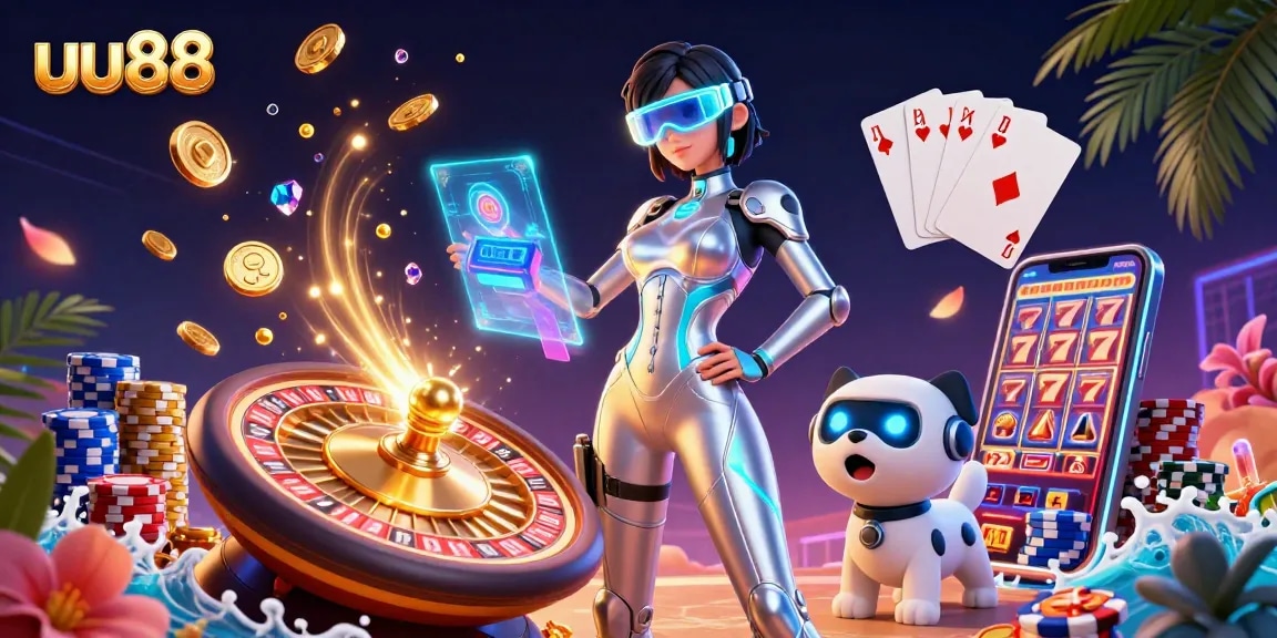 uu88 showcases a vibrant 3D casino scene with a woman and a robot dog amidst gold coins, roulette, and slot themes.