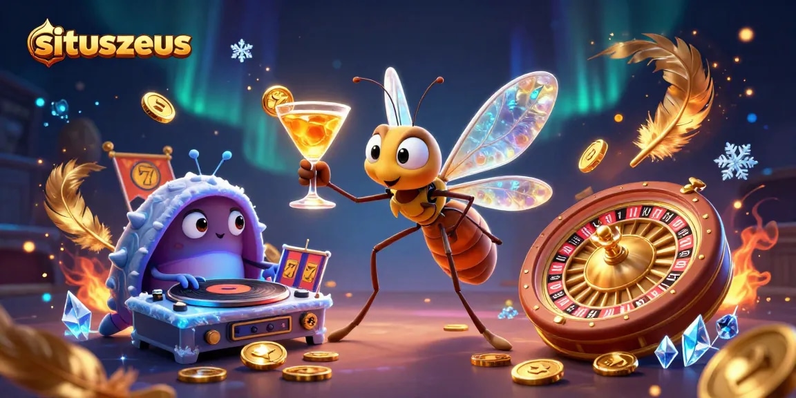 Engage with situszeus in this vibrant casino scene featuring unique characters and golden elements.