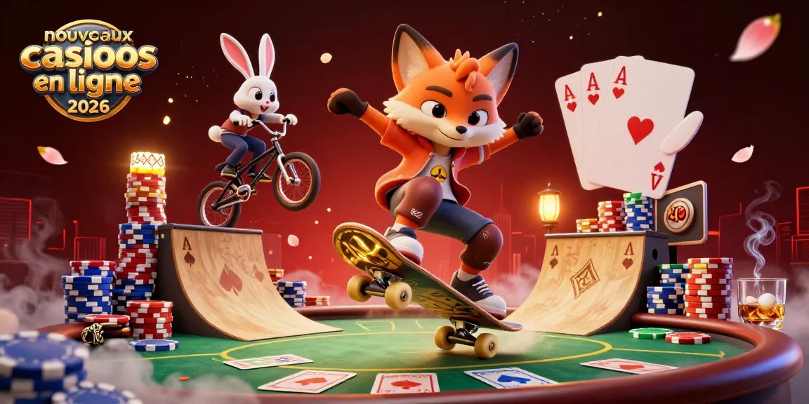 Illustration dynamique de nouveaux casinos en ligne 2026 avec un renard skateboard et un lapin BMX.