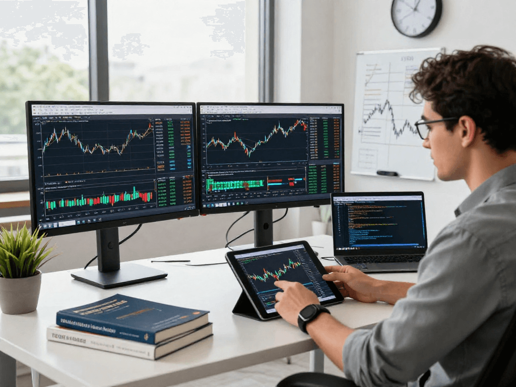 交易者在现代办公室使用MetaTrader 5进行实时交易分析，显示多监视器与市场数据。
